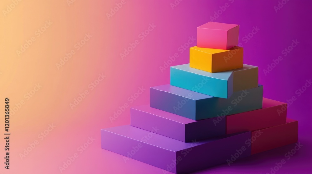 Isometric stacked bar graph in bright colors with a reflective base, representing data analysis and progress tracking Isometric stacked bar graph in bright colors with a reflective base, representing data analysis and progress tracking