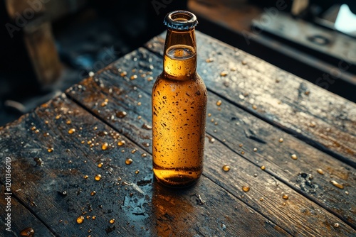 Amber bottle of beer rests on a wooden table with droplets reflecting sunligh...