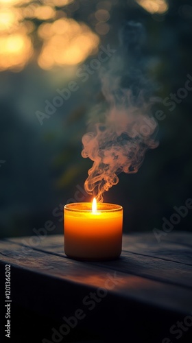 Warm candle flame emits gentle smoke at sunset over a rustic wooden table