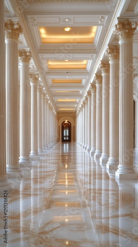 Elegant golden corridor with majestic columns illuminated by soft sunlight