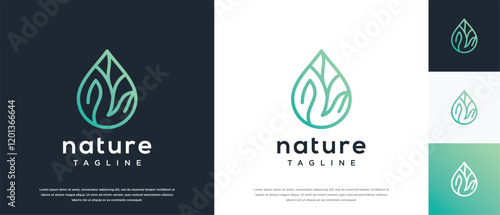 Leaf water drop logo design. Nature leaf water line logo template.