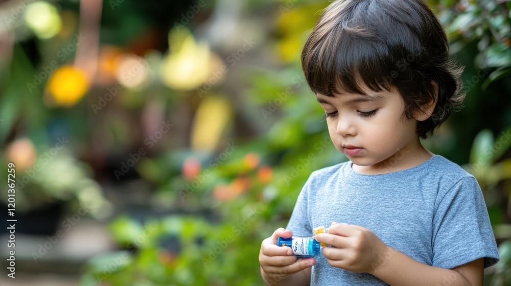 Toddler playing toy outdoors garden bokeh Toddler playing toy outdoors garden bokeh