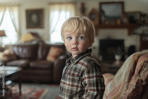 Child exploring a cozy living room with vintage decor in soft natural light