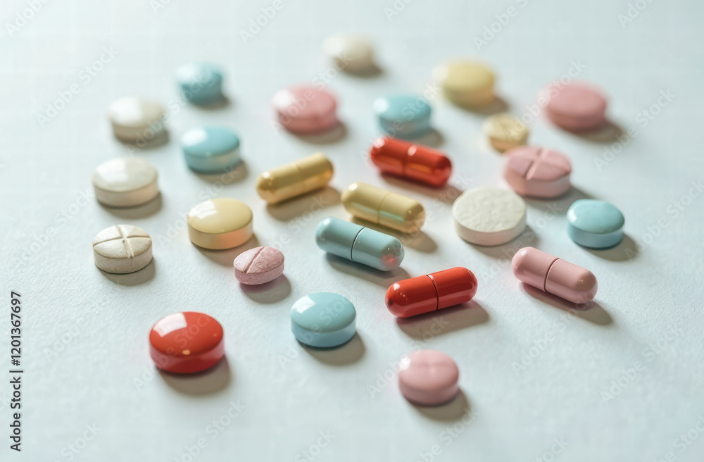 tablets pills and capsules of different colors lie on a white background. concept of medicine, health, treatment and dietary supplements tablets pills and capsules of different colors lie on a white background. concept of medicine, health, treatment and dietary supplements
