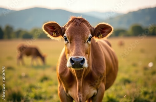 brown cow grazes on a pasture in a field in summer. Agriculture - Cattle photo