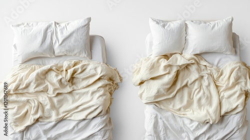 Blankets and Pillows on Empty Double Beds Top View Generative AI