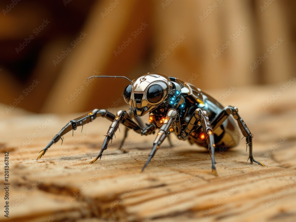 Fototapeta premium Cybernetic Insect: Futuristic Robotic Beetle on Wooden Surface