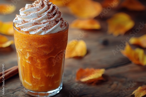 Pumpkin spice-themed beverages and desserts in cafes as autumn begins in September photo