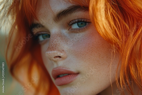 Striking close-up of a young woman with vibrant red hair and captivating gree...