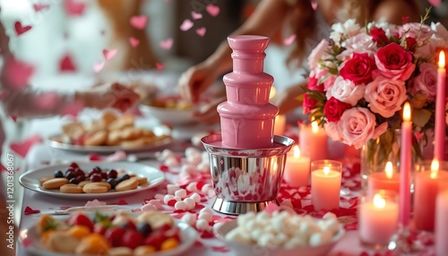 Pink Chocolate Fountain at Romantic Valentine's Day Party photo