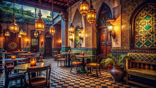 Mysterious Casbah Cafe: Intriguing Moroccan Interior Stock Photo