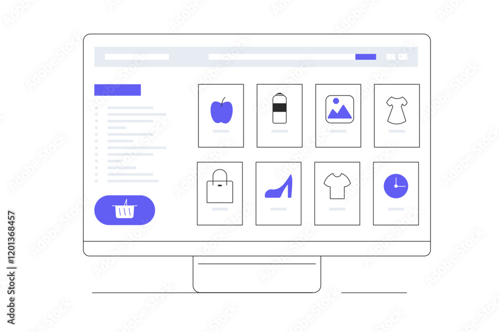 Shopping online. Customer selects the goods to order on website. Doing online shopping from home. Process of choosing goods. Computer screen. Flat Cartoon Vector Illustration, icon. Stylish abstract Shopping online. Customer selects the goods to order on website. Doing online shopping from home. Process of choosing goods. Computer screen. Flat Cartoon Vector Illustration, icon. Stylish abstract