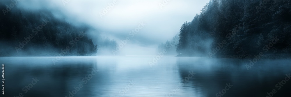 Dark Misty Forest With Tranquil Lake Reflection In Dark blue Tones , Mysterious And Moody Nature Dark Misty Forest With Tranquil Lake Reflection In Dark blue Tones , Mysterious And Moody Nature