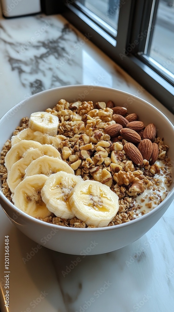 Healthy breakfast bowl with sliced banana, granola, and nuts on a marble countertop Healthy breakfast bowl with sliced banana, granola, and nuts on a marble countertop