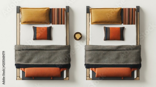 Empty Double Beds With Blankets and Pillows on Display Generative AI