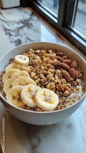 Healthy breakfast bowl with sliced banana, granola, and nuts on a marble coun...