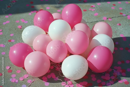 Balloons in pink and white scattered on a pavement with confetti at a celebra...
