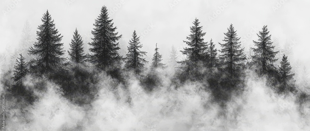In black and white, a forest shrouded in mist and surrounded by tall pine trees presents a scene of serene mystery In black and white, a forest shrouded in mist and surrounded by tall pine trees presents a scene of serene mystery