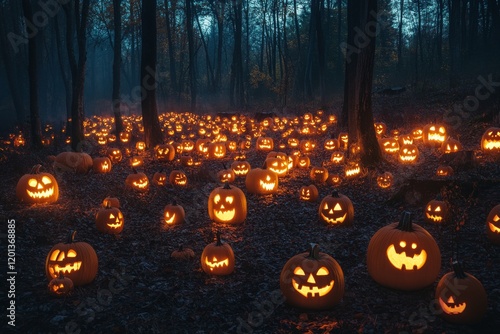 Spooky Halloween night with glowing jack-o-lanterns in a dark forest