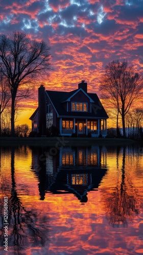 Vibrant sunset behind a quaint house in a serene landscape with colorful clouds