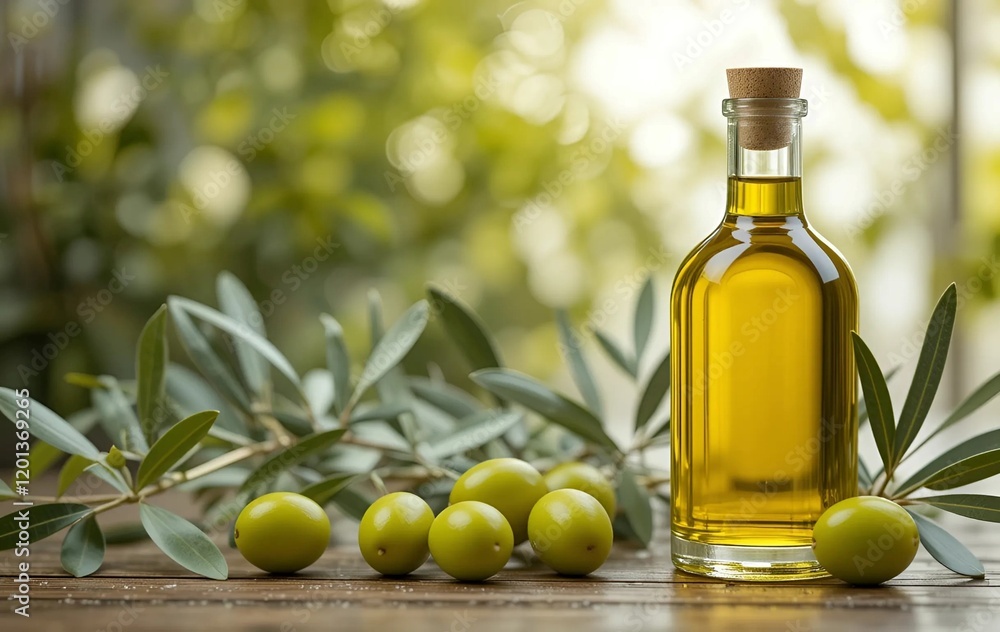 Fresh Green Olive Oil On The Table Natural Background Fresh Green Olive Oil On The Table Natural Background