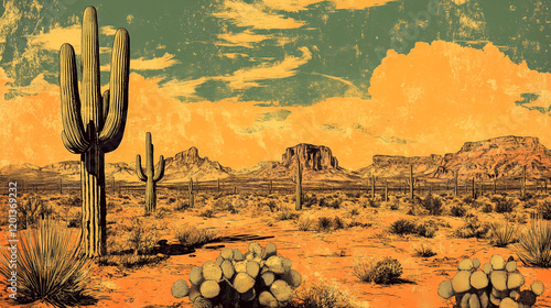 Retro-style illustration of a desert with cactuses and mountains. Scenic western landscape