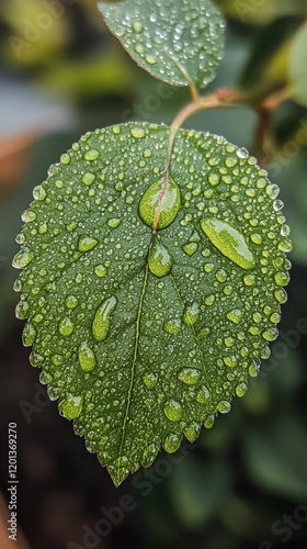 Dewdrops glimmer on a green leaf in early morning sunlight in a garden setting