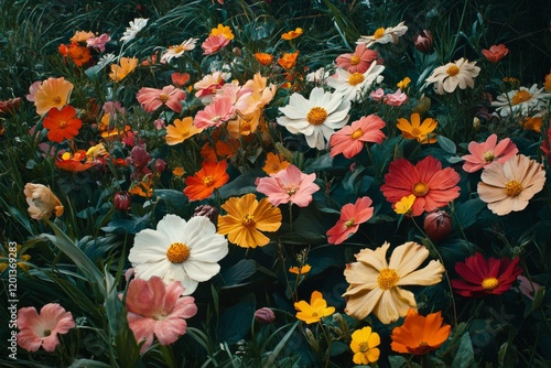 Vibrant field of mixed flowers in bloom during springtime in a sunny garden