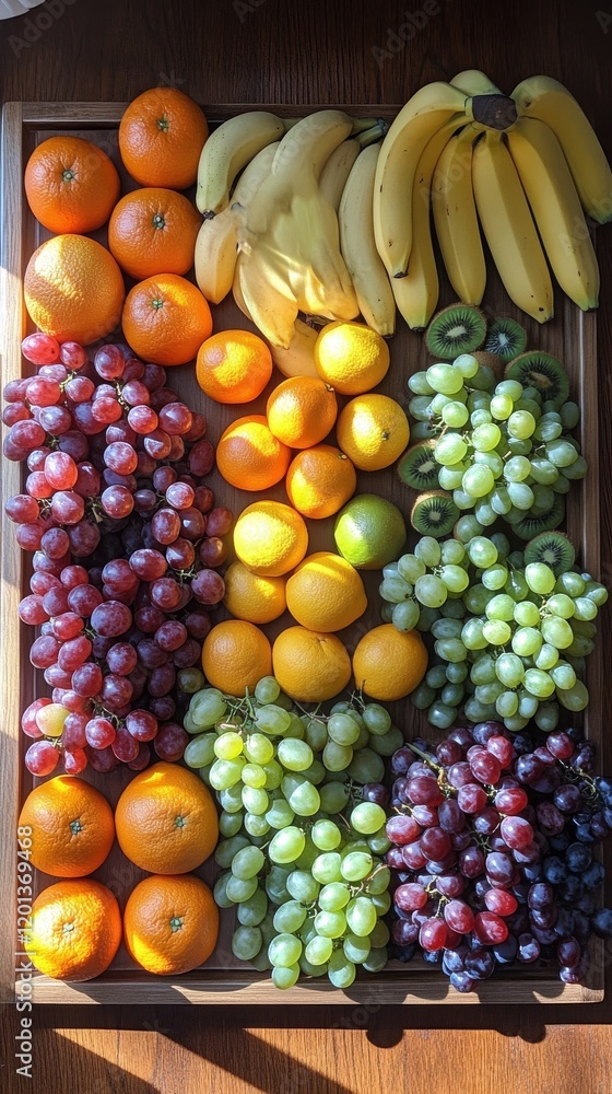 Fresh assorted fruits arranged on a wooden table with vibrant colors and textures Fresh assorted fruits arranged on a wooden table with vibrant colors and textures