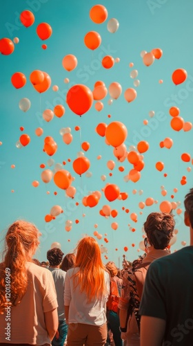 Colorful balloons float in the sky above a crowd enjoying an outdoor celebration