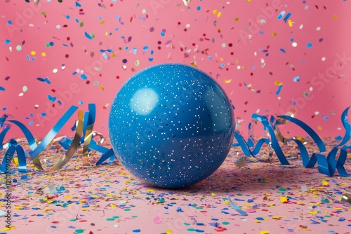 Bright blue ball surrounded by colorful confetti at a festive celebration event
