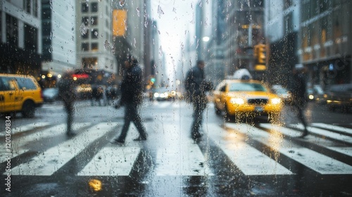 Rainy city street seen through wet window.