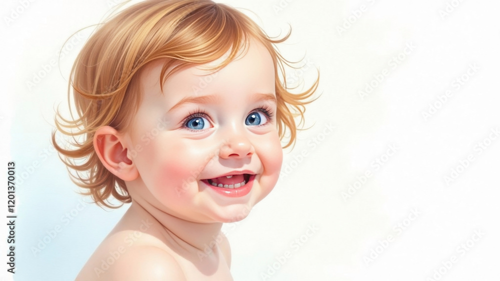 Watercolor painting, smiling happy baby with blue eyes and light curly hair, portrait. Banner Watercolor painting, smiling happy baby with blue eyes and light curly hair, portrait. Banner