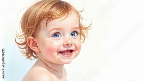Watercolor painting, smiling happy baby with blue eyes and light curly hair, portrait. Banner