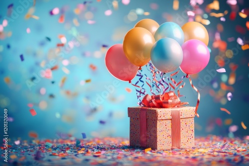 Colorful balloons and gift box display create a festive atmosphere for celebr...