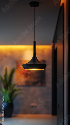 Modern living room with stylish lamp and cozy sofa at dusk
