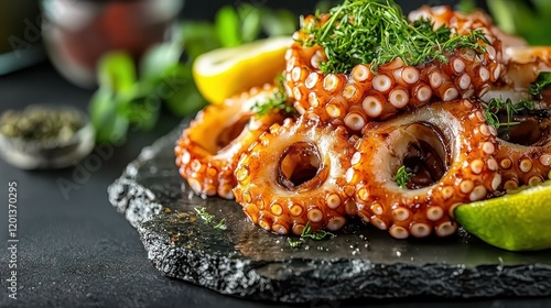 Grilled octopus slices with herbs, lemon on slate, dark background. photo