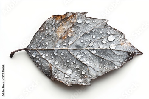 Close-up of a water droplet adorned leaf showcasing autumn colors on a black ...