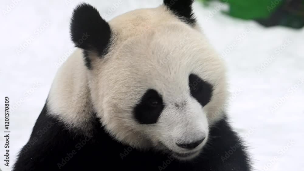 Panda cub enjoys bamboo in snowy winter forest at national park reserve in China Panda cub enjoys bamboo in snowy winter forest at national park reserve in China