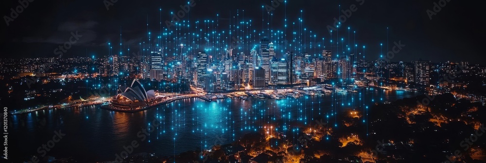 Fototapeta premium Sydney, Australia, at Night with Illuminating Skyline Connected by a Glowing Global Network
