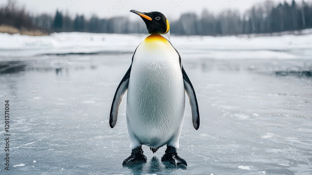 Fototapeta premium Majestic penguin on icy landscape wildlife photography in antarctica animal behavior serene environment close-up viewpoint
