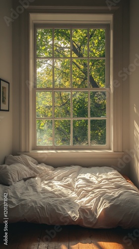 Cozy bedroom with sunlight streaming through a large window and a comfy bed i...