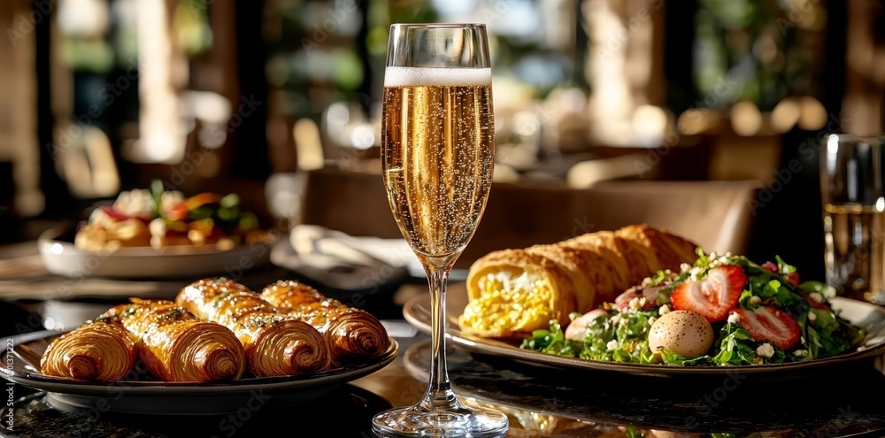 A close-up of a champagne glass placed amidst a variety of breakfast and brunch foods including croissants, eggs benedict, coffee, and fruits, with particular emphasis on the glass A close-up of a champagne glass placed amidst a variety of breakfast and brunch foods including croissants, eggs benedict, coffee, and fruits, with particular emphasis on the glass