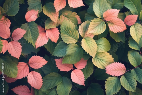 Colorful array of leaves in shades of pink and green during a sunny day in na...