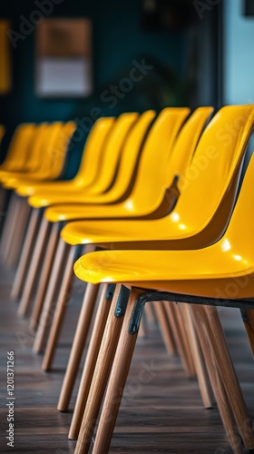 Bright yellow chairs arranged neatly in a modern space, enhancing the atmosph...