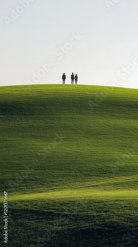 Couple walks hand in hand across a grassy hill at sunset with distant mountai...