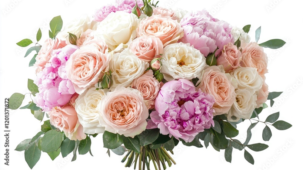 Fototapeta premium Elegant bouquet of roses in pastel shades. Pink, white, and peach roses with green leaves, arranged in a sophisticated, romantic style, soft petals, floral decoration. Generative AI