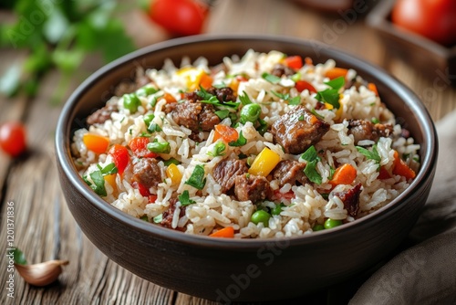 Savory rice dish with vegetables and meat in a bowl garnished with fresh herbs