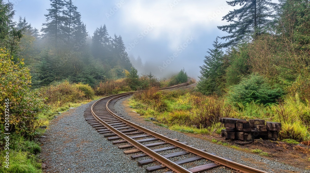 Obraz premium Railway tracks curving gently through a misty forest, surrounded by tall trees and early morning fog, creating a serene atmosphere