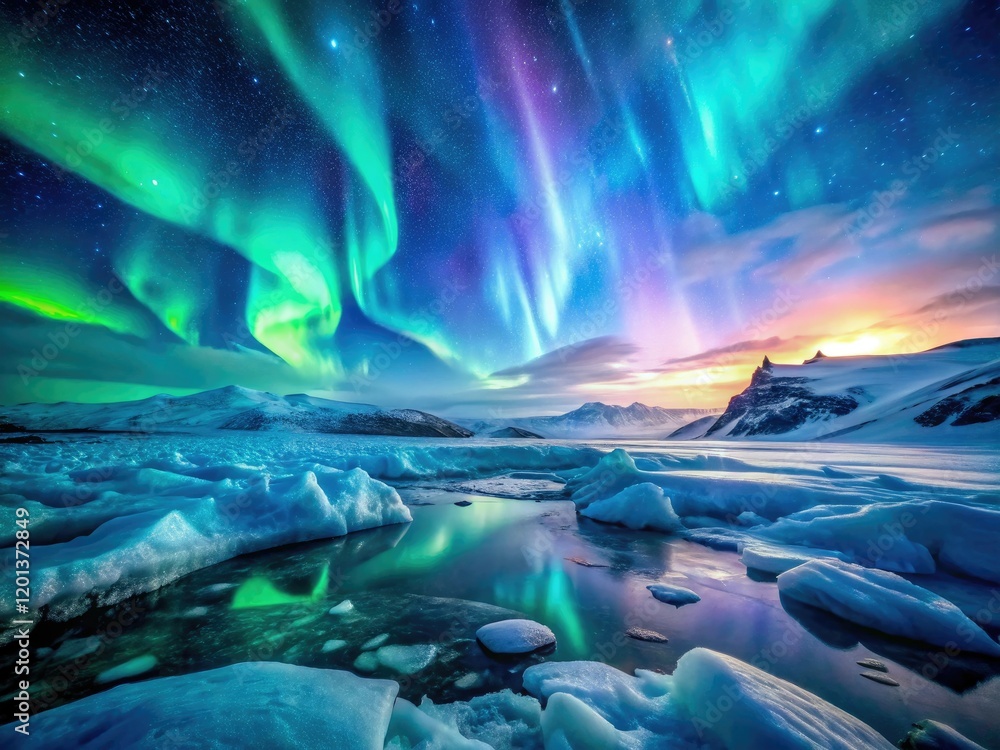 Naklejka premium Arctic winter's frozen beauty, a celestial spectacle: starry night, aurora borealis, bokeh-kissed wonderland.